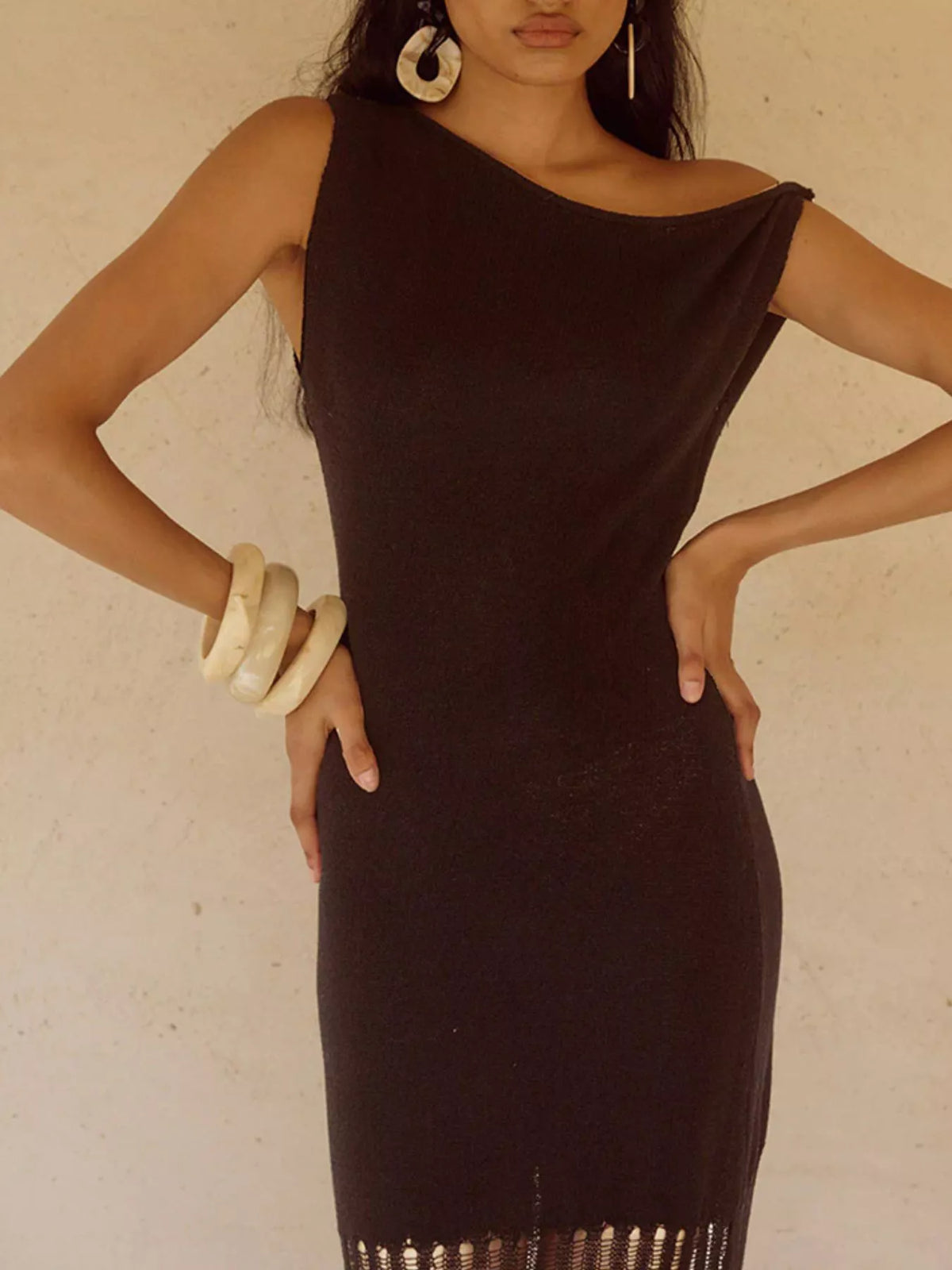 One-Shoulder Fringe Maxi Dress in Dark Brown