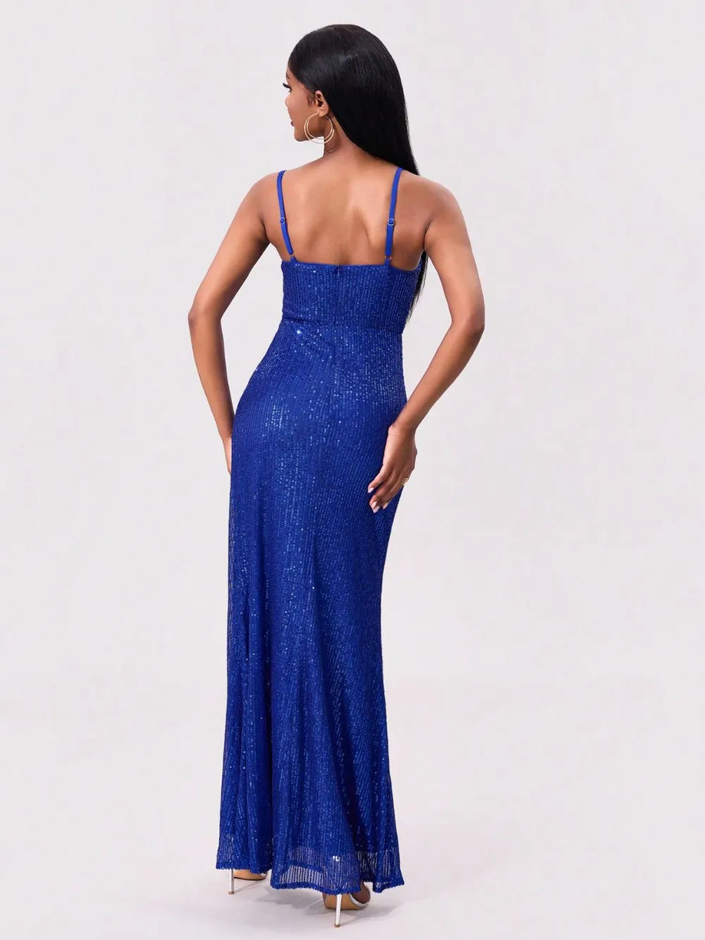 Square Neck Sequin Slit Dress in Royal Blue by Jubilair