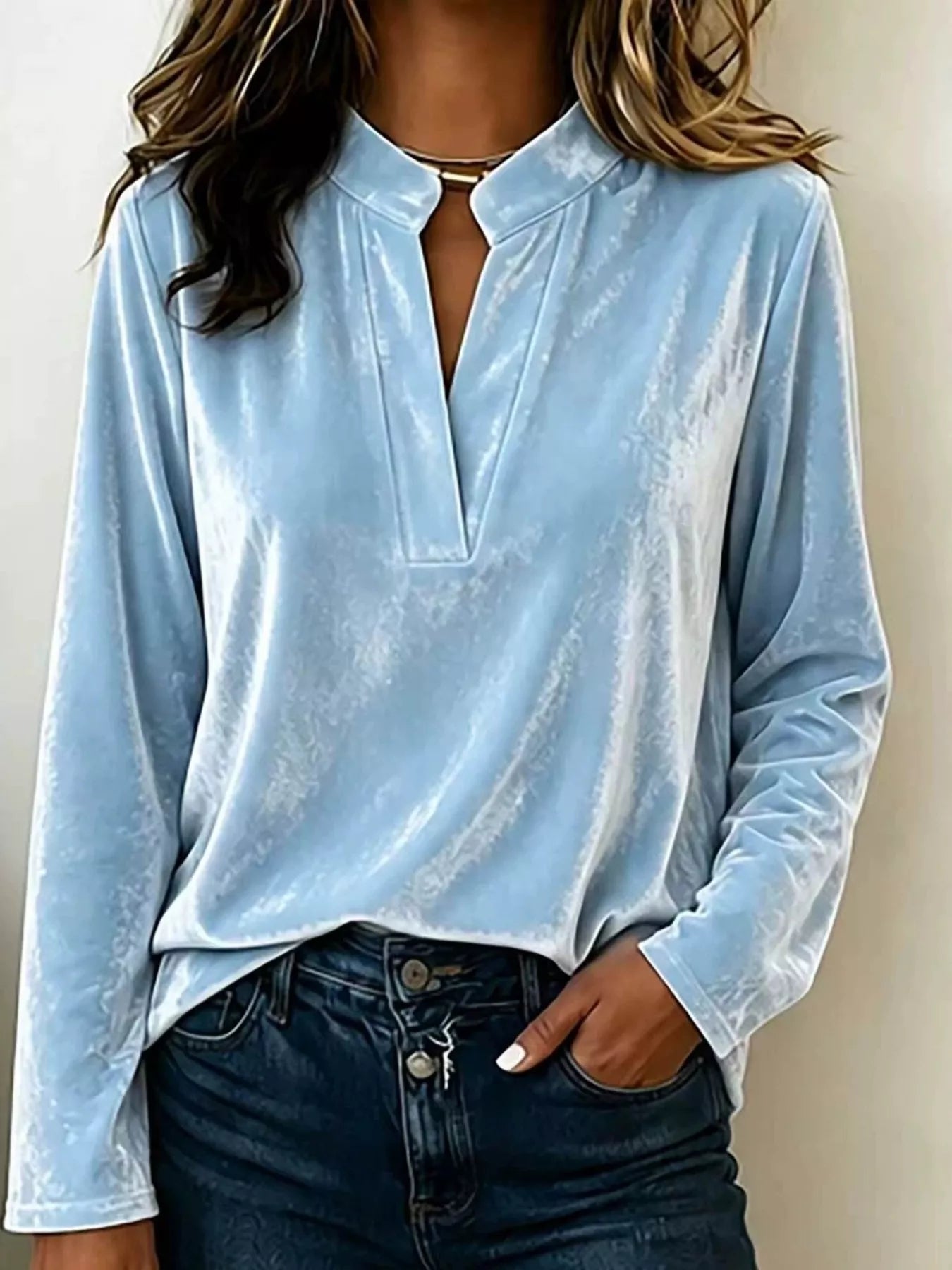 Velvet Notched Long Sleeve Blouse