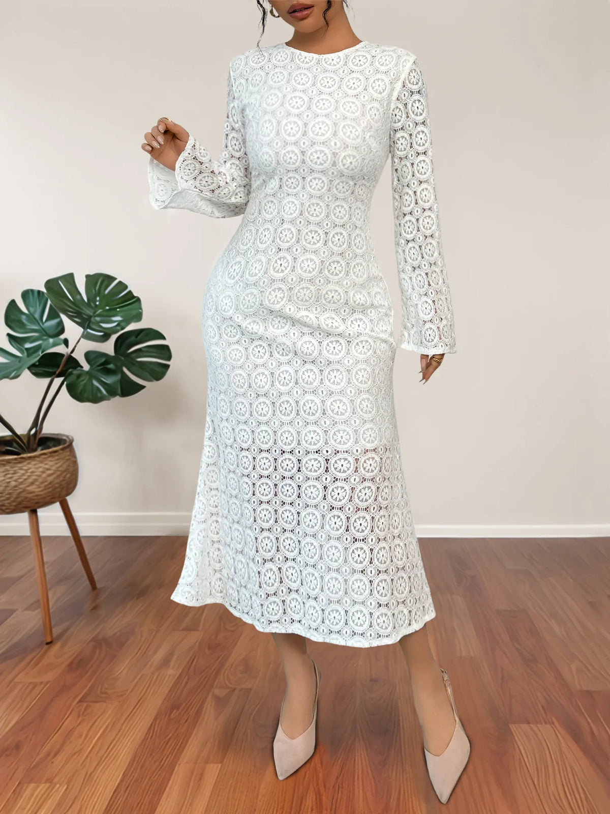 Lace Long Sleeve Midi Dress in White