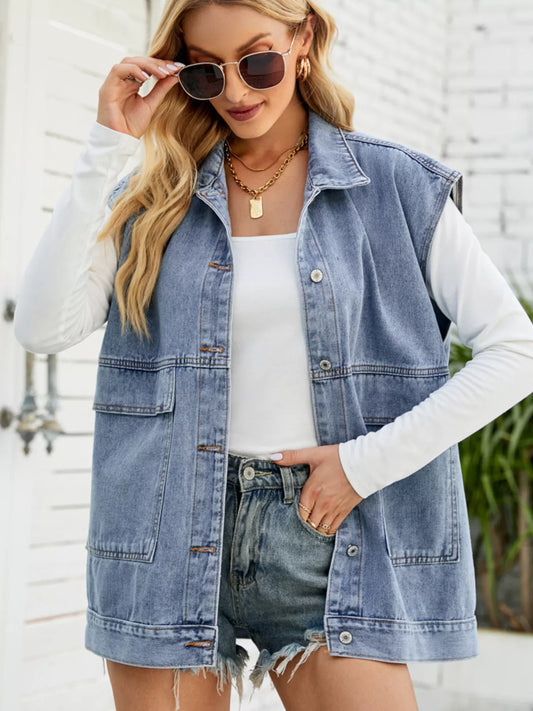 Sleeveless Button-Down Denim Jacket by Moni Wear