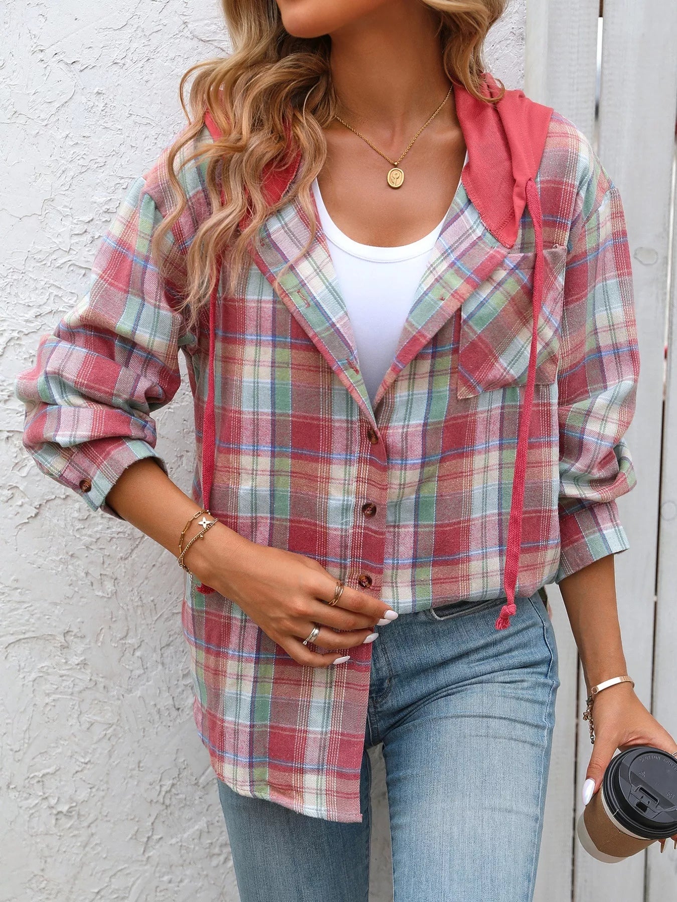 Plaid Button-Up Hooded Shirt