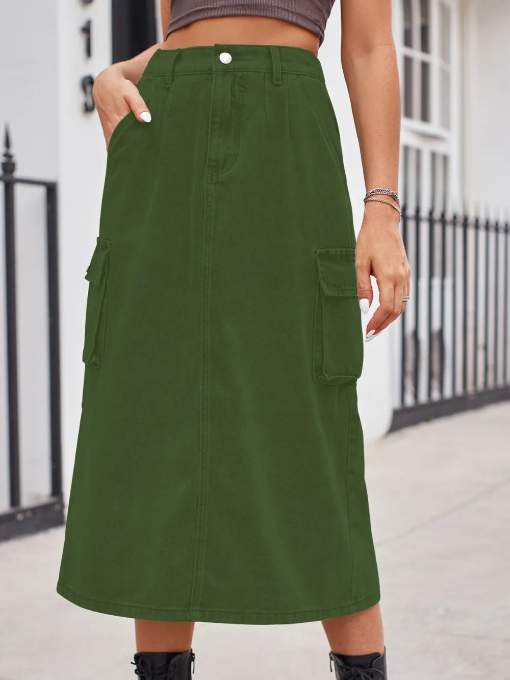 Slit Buttoned Denim Skirt with Pockets by Manny