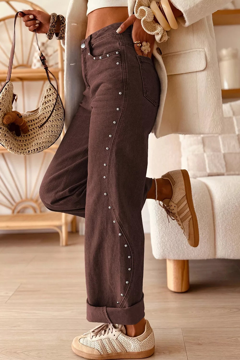 Studded Wide Leg Jeans in Dark Brown