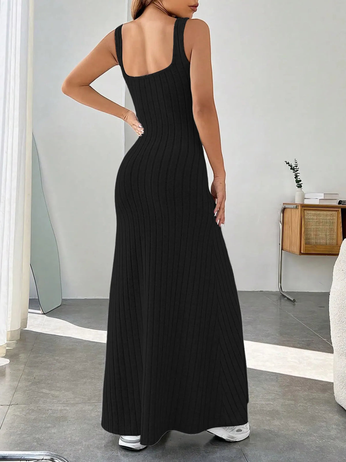 Ribbed Knit Square Neck Maxi Dress