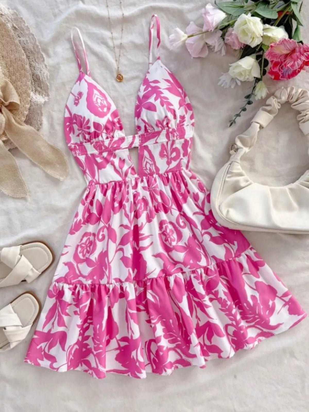 Floral Cutout Mini Dress in Fuchsia Pink