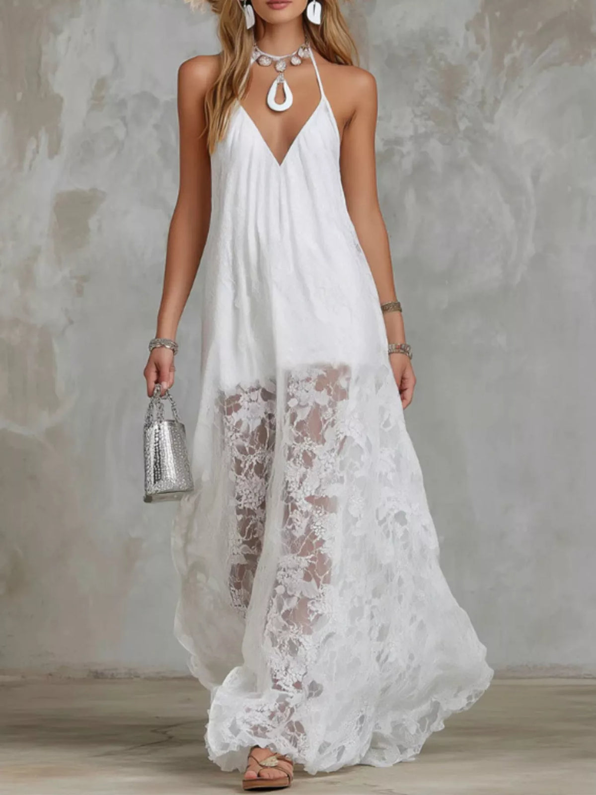 Halter Neck Lace Hem Maxi Dress in White
