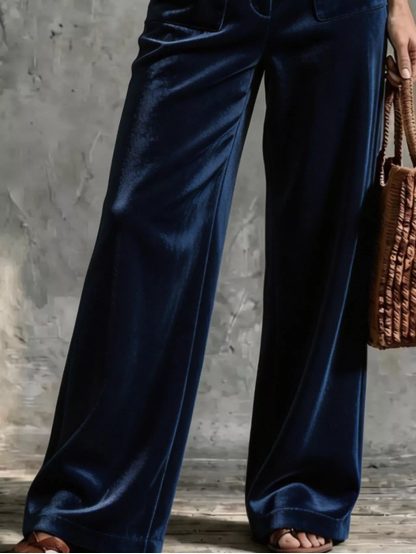 Velvet Wide-Leg Pants with Pockets