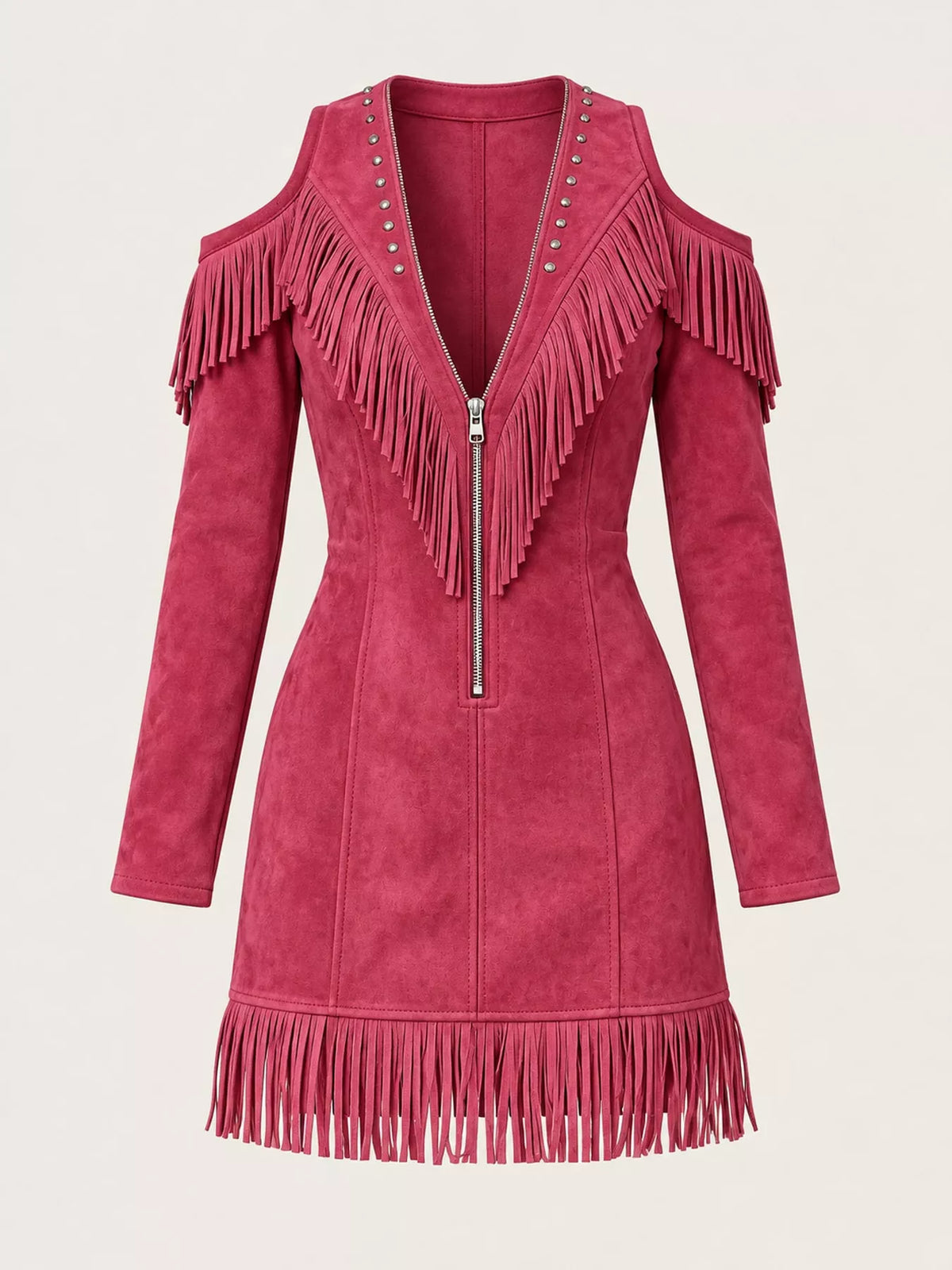 Fringed Cold-Shoulder Zip-Front Mini Dress