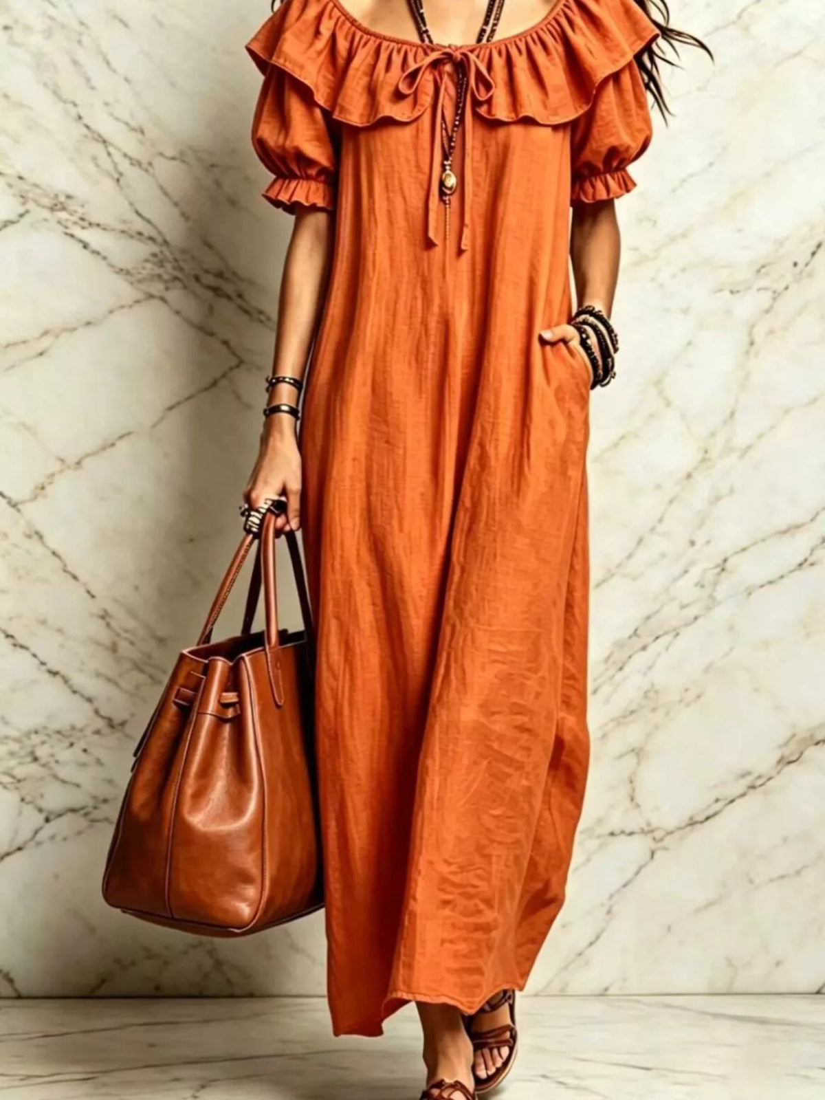 Puff Sleeve Ruffle Trim Maxi Dress