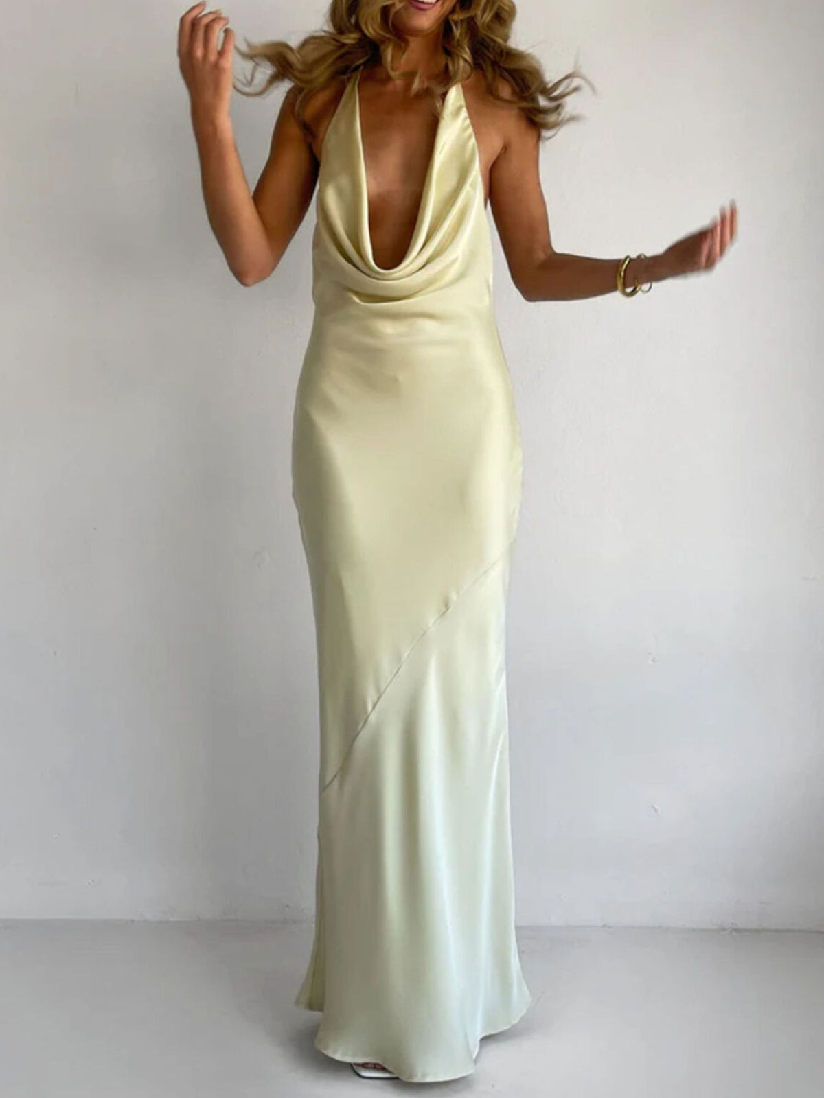 Halter Neck Ruched Satin Maxi Dress