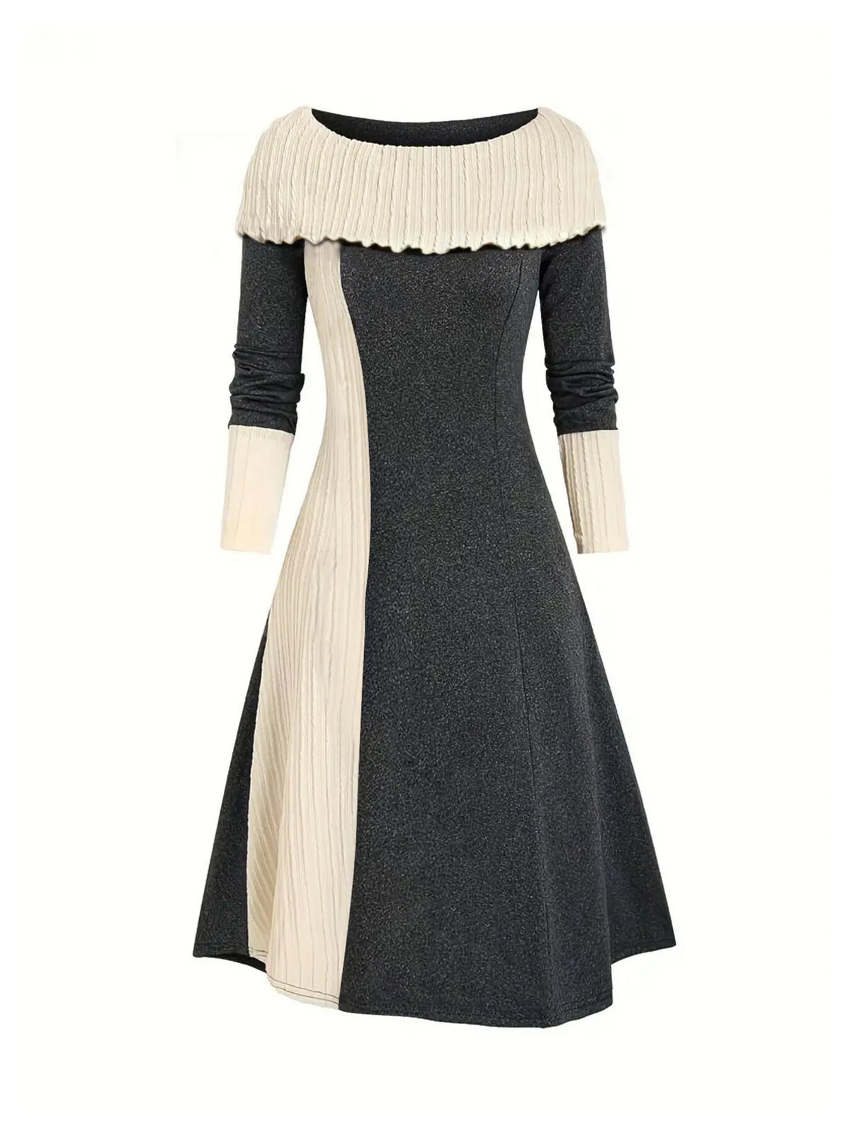 Color Block Ribbed Sweater Dress in Dark Gray