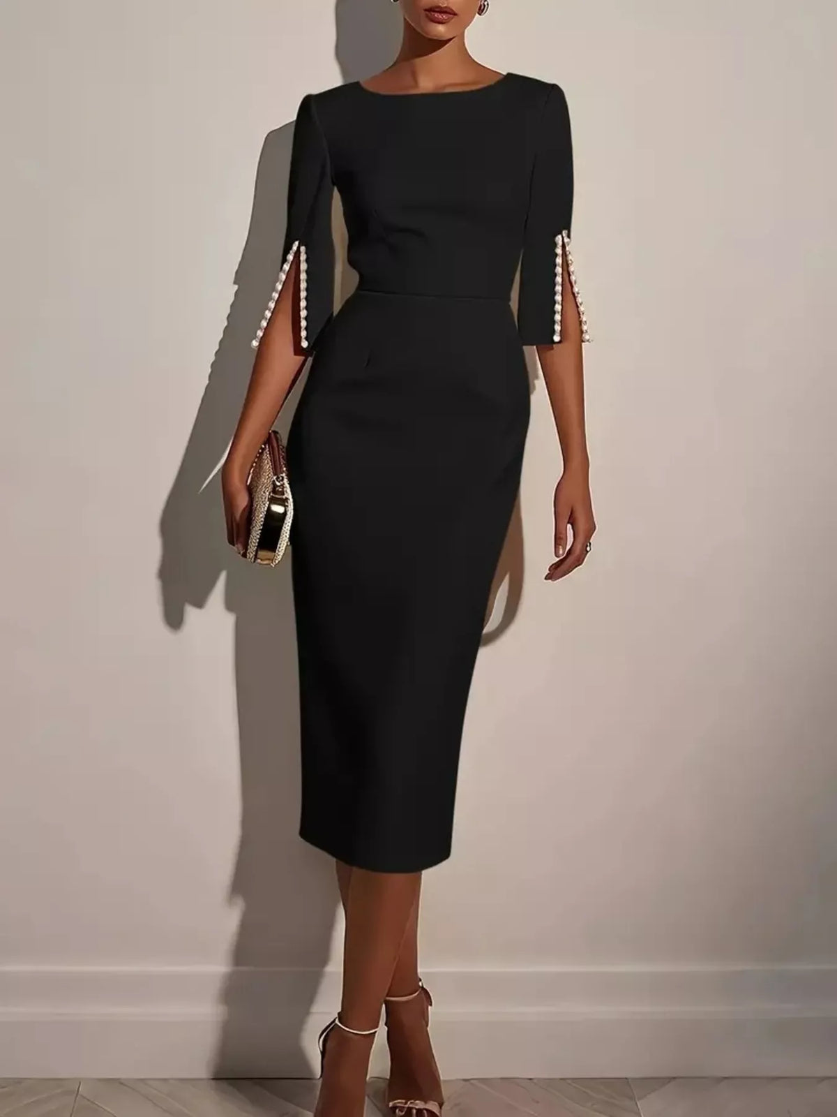 Beaded Slit-Sleeve Slim-Fit Midi Dress