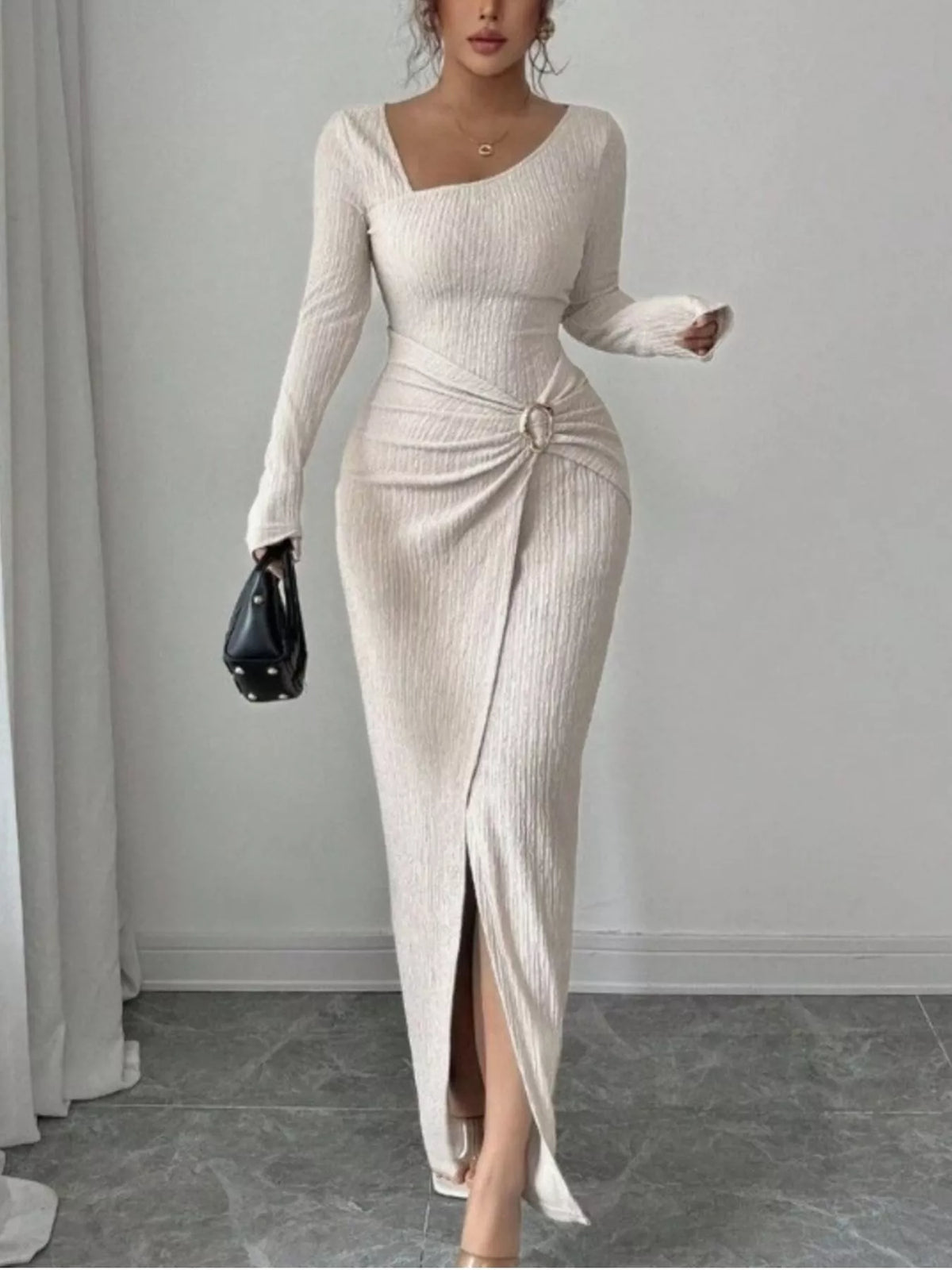 Ribbed Asymmetrical Neck Slit Maxi Dress