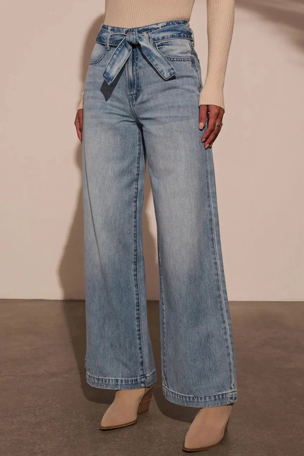 Tied Wide Leg Jeans in Medium Wash by Y.Y@Denim