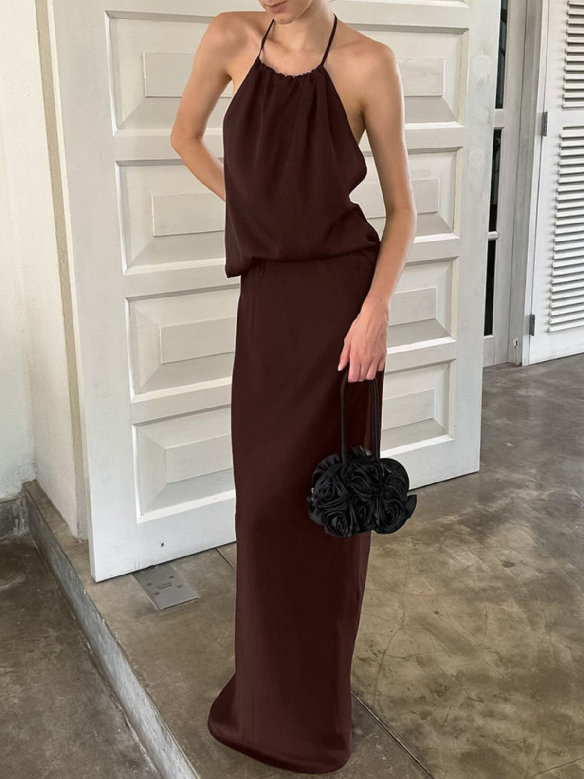 Backless Halter Maxi Dress in Brown