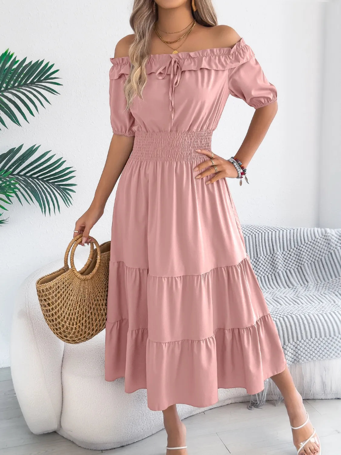 Smocked Off-Shoulder Tiered Dress