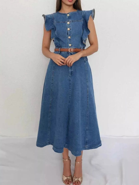 Ruffled Button-Front Denim Dress in Blue