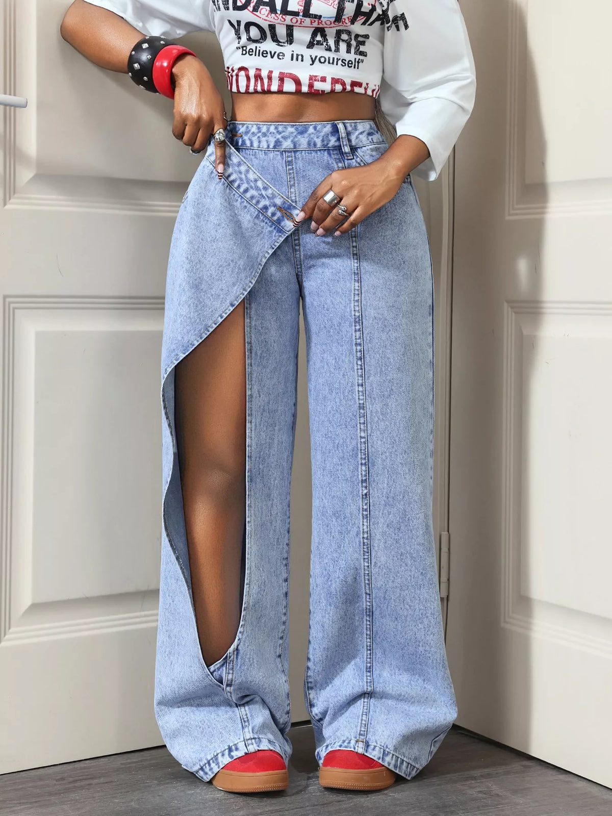 Asymmetric Wrap Wide-Leg Jeans in Blue