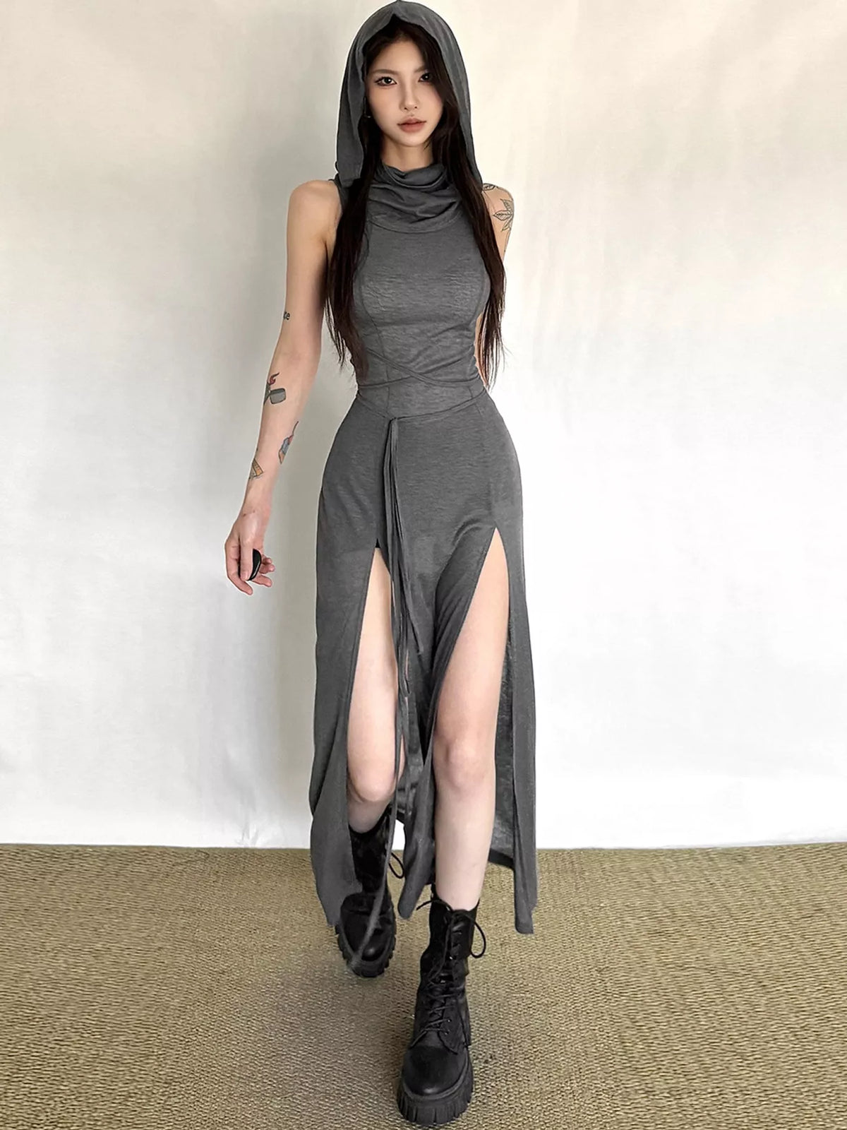 Sleeveless High-Slit Hooded Maxi Dress