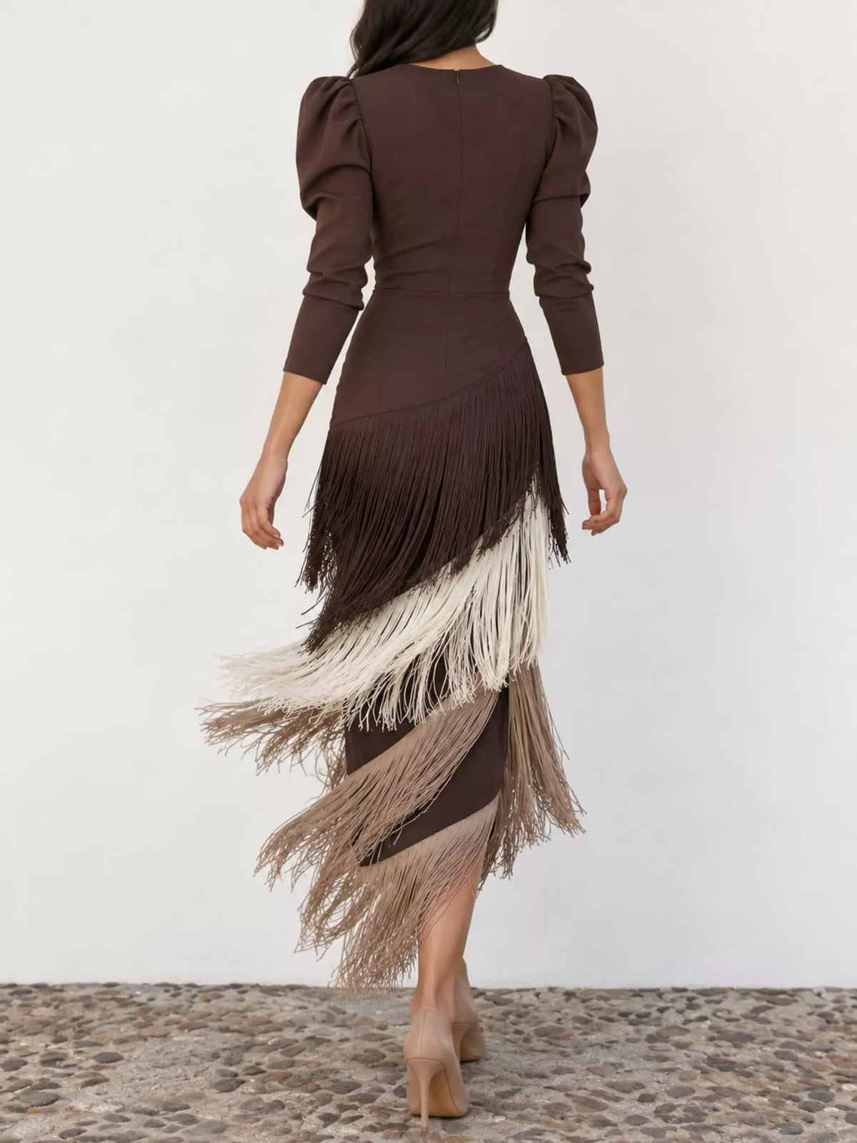 Fringed V-Neck Puff Sleeve Maxi Dress