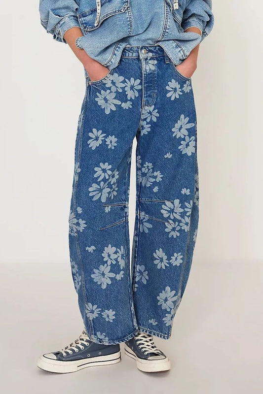 Flower Print Wide Leg Jeans in Medium