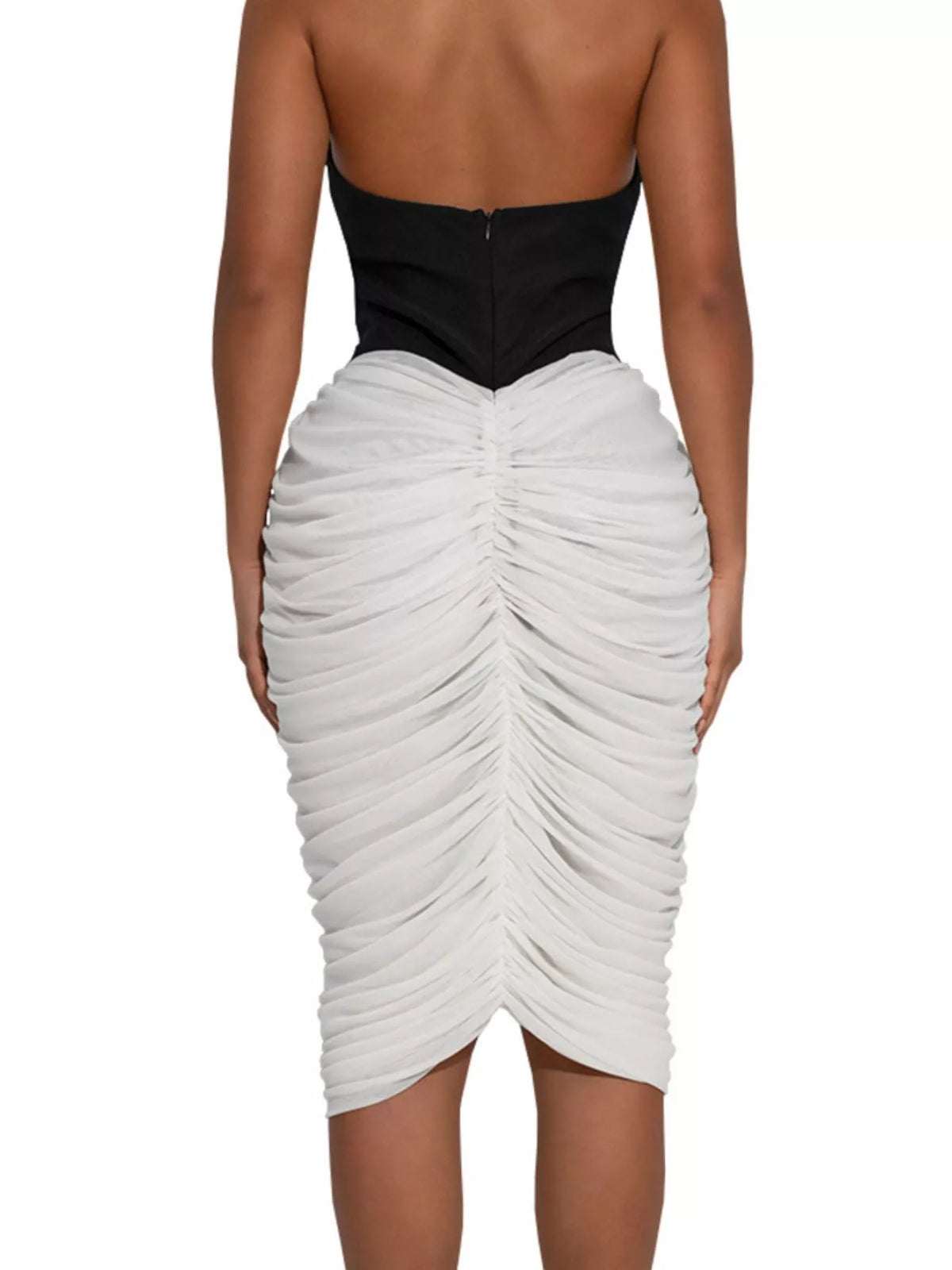 Two-Tone Sleeveless Ruched Midi Dress in Black