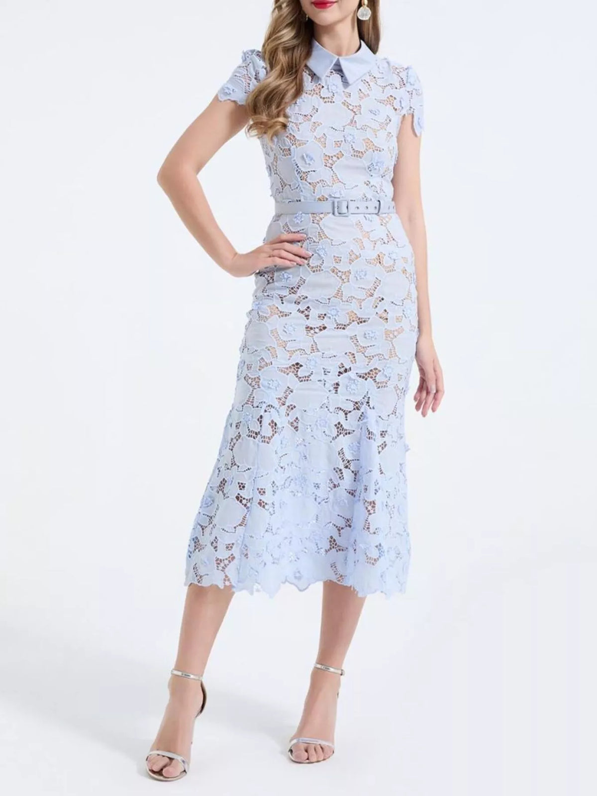 Floral Lace Short-Sleeve Midi Dress