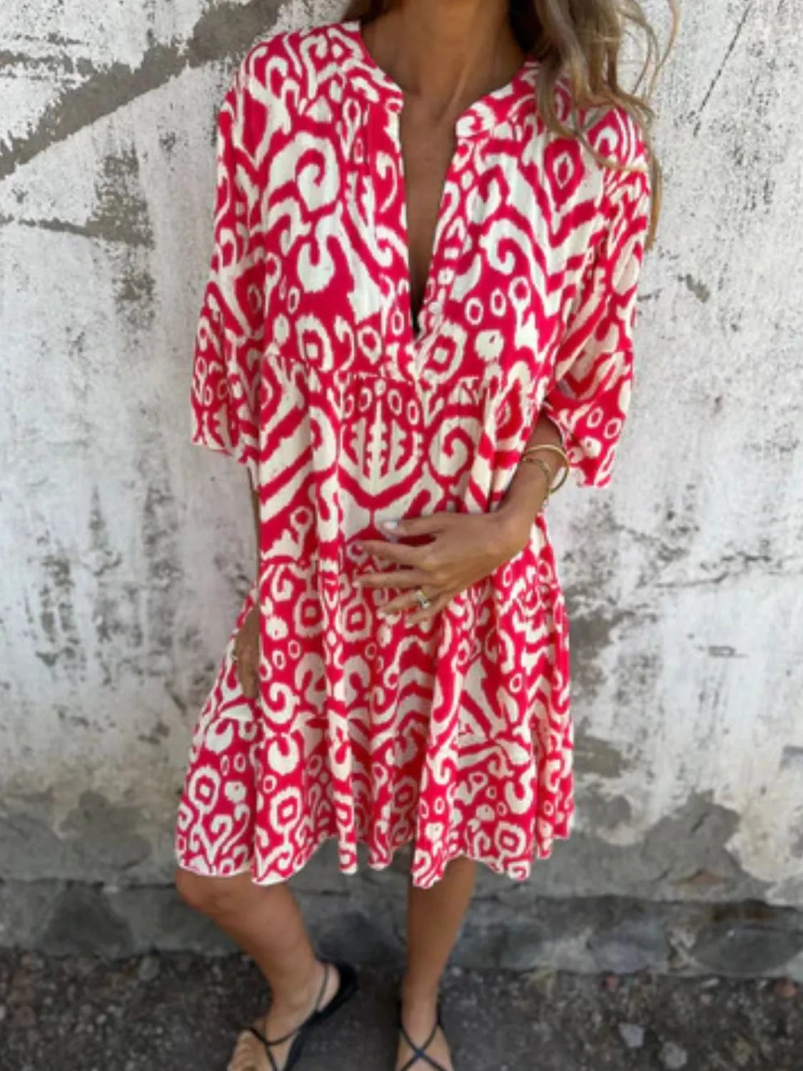 Notched Half Sleeve Printed Plus Size Dress