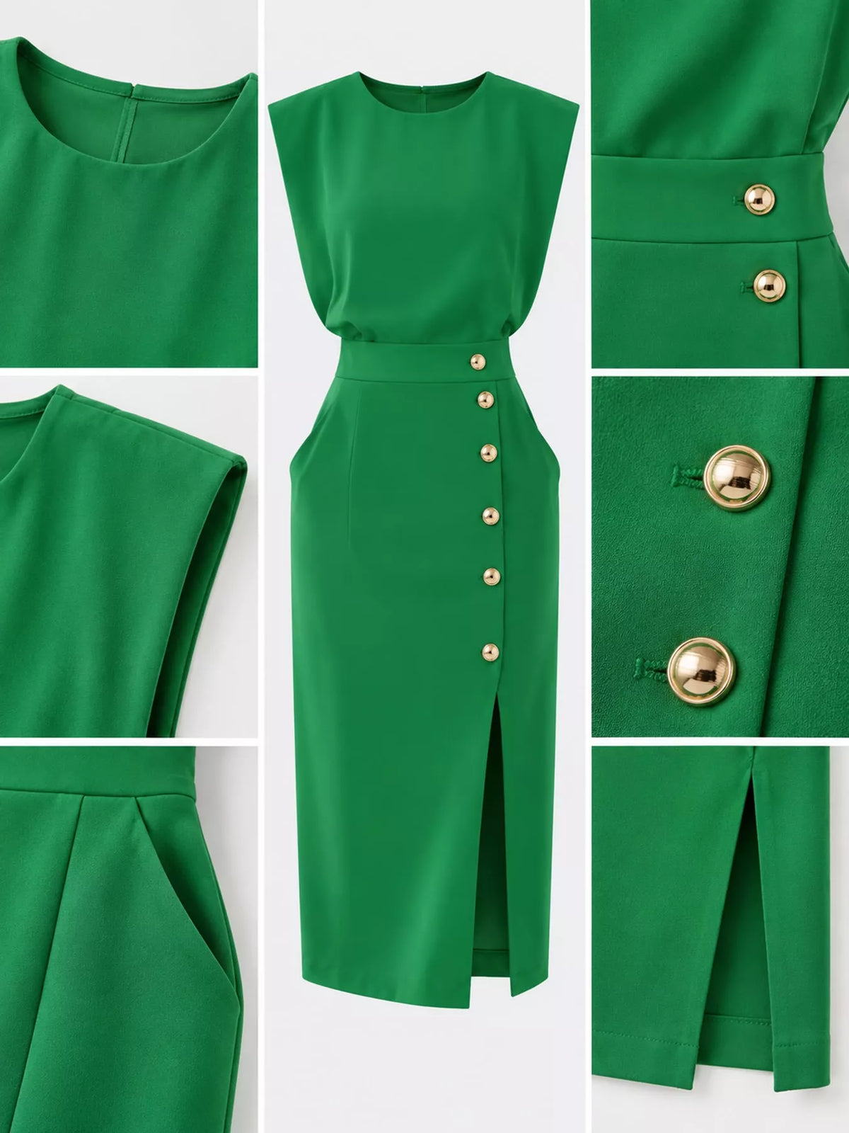 Sleeveless Midi Dress with Gold Button Detail