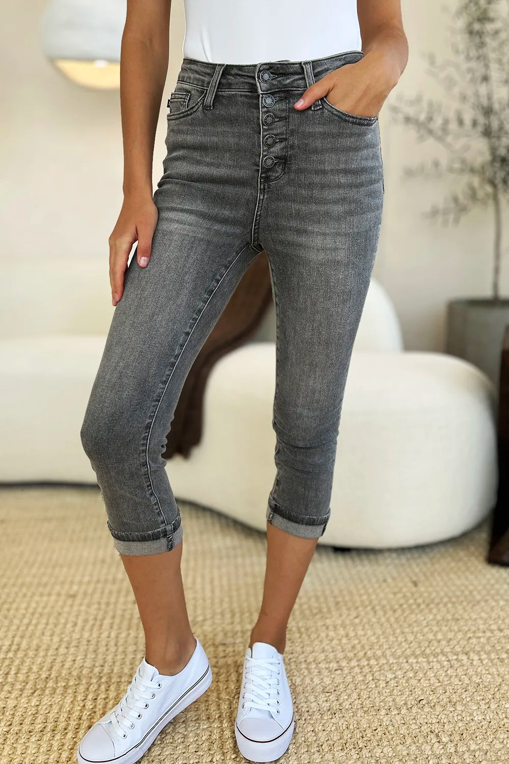 Judy Blue Button Fly High Waist Cuffed Capris in Gray