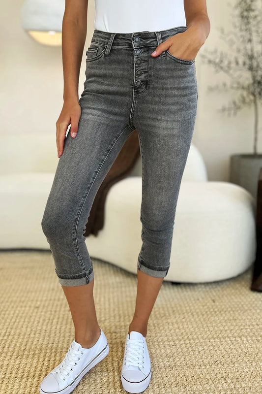 Judy Blue Button Fly High Waist Cuffed Capris in Gray