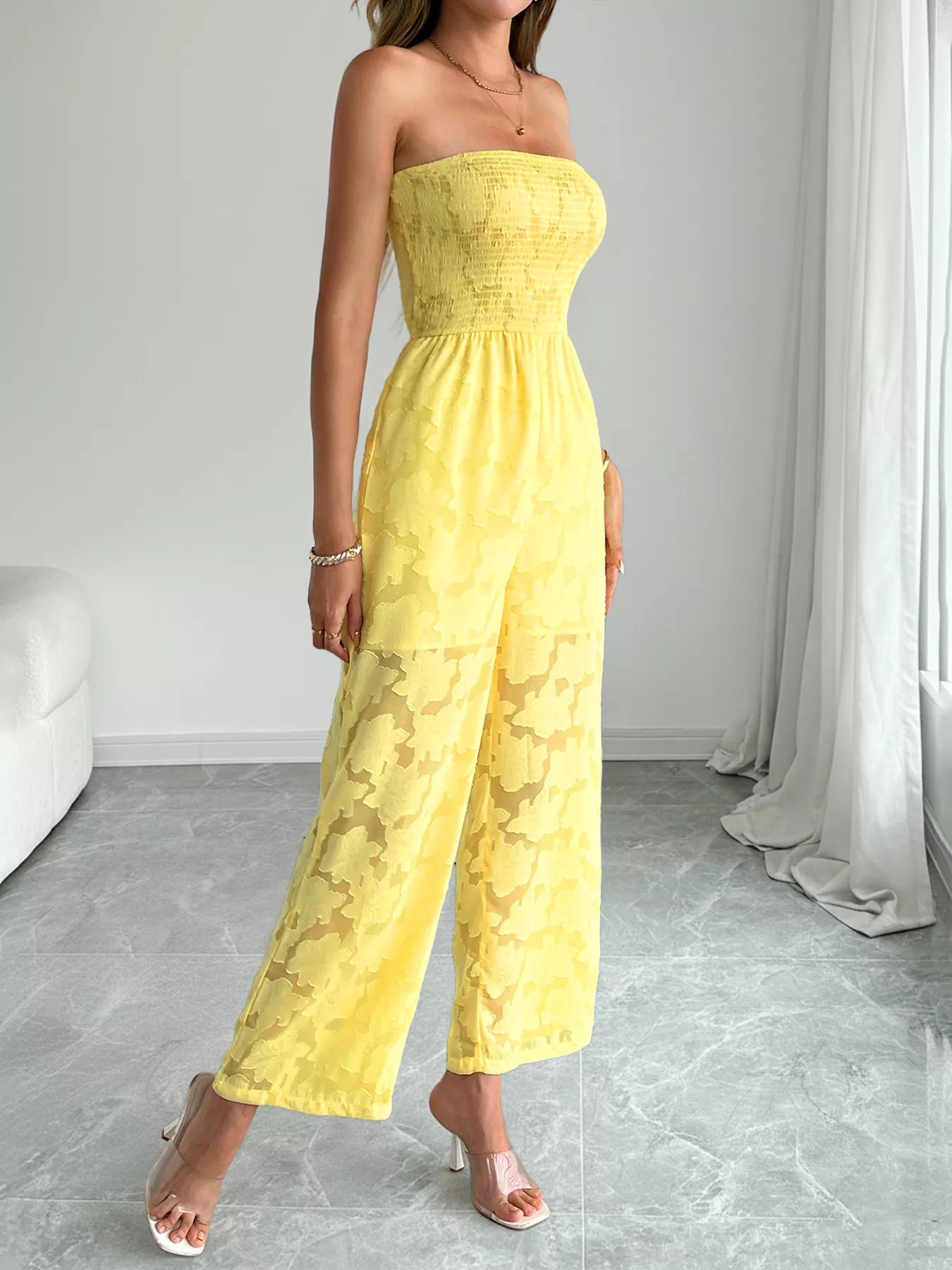 Lace Smocked Tube Jumpsuit in Yellow