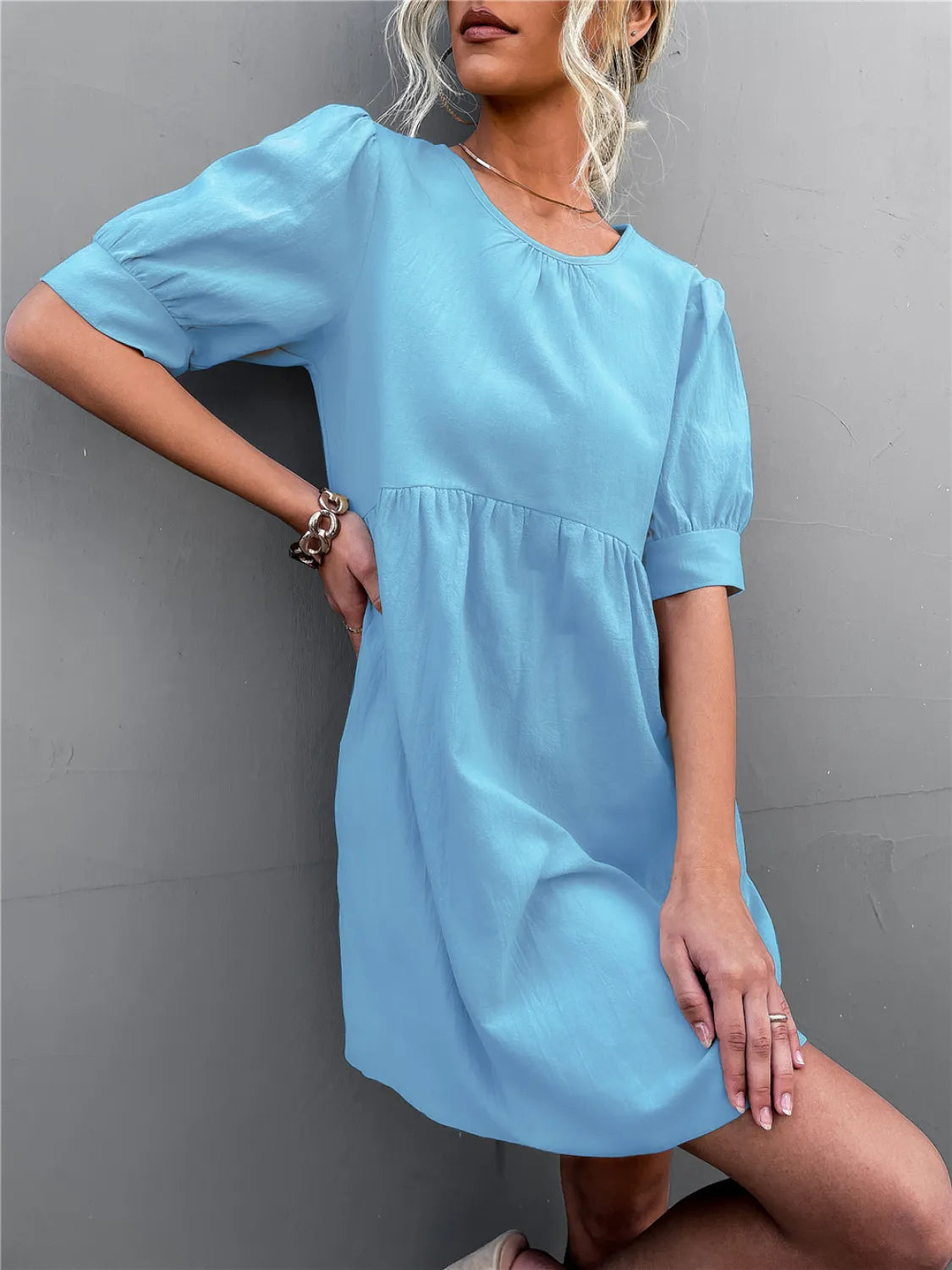 Round Neck Puff Sleeve Mini Dress in Pastel Blue in Pastel  Blue