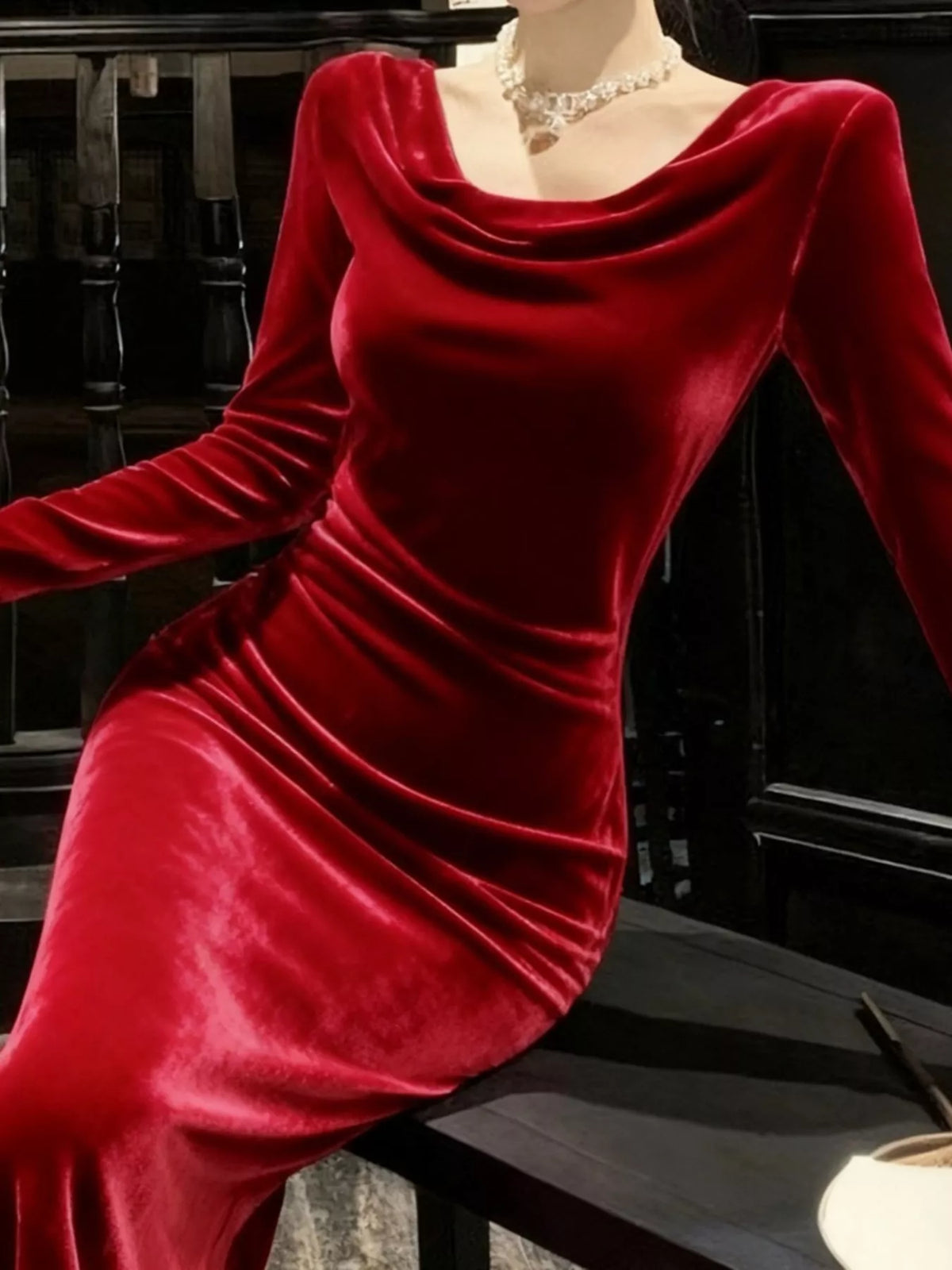 Velvet Cowl-Neck Midi Dress in Burgundy
