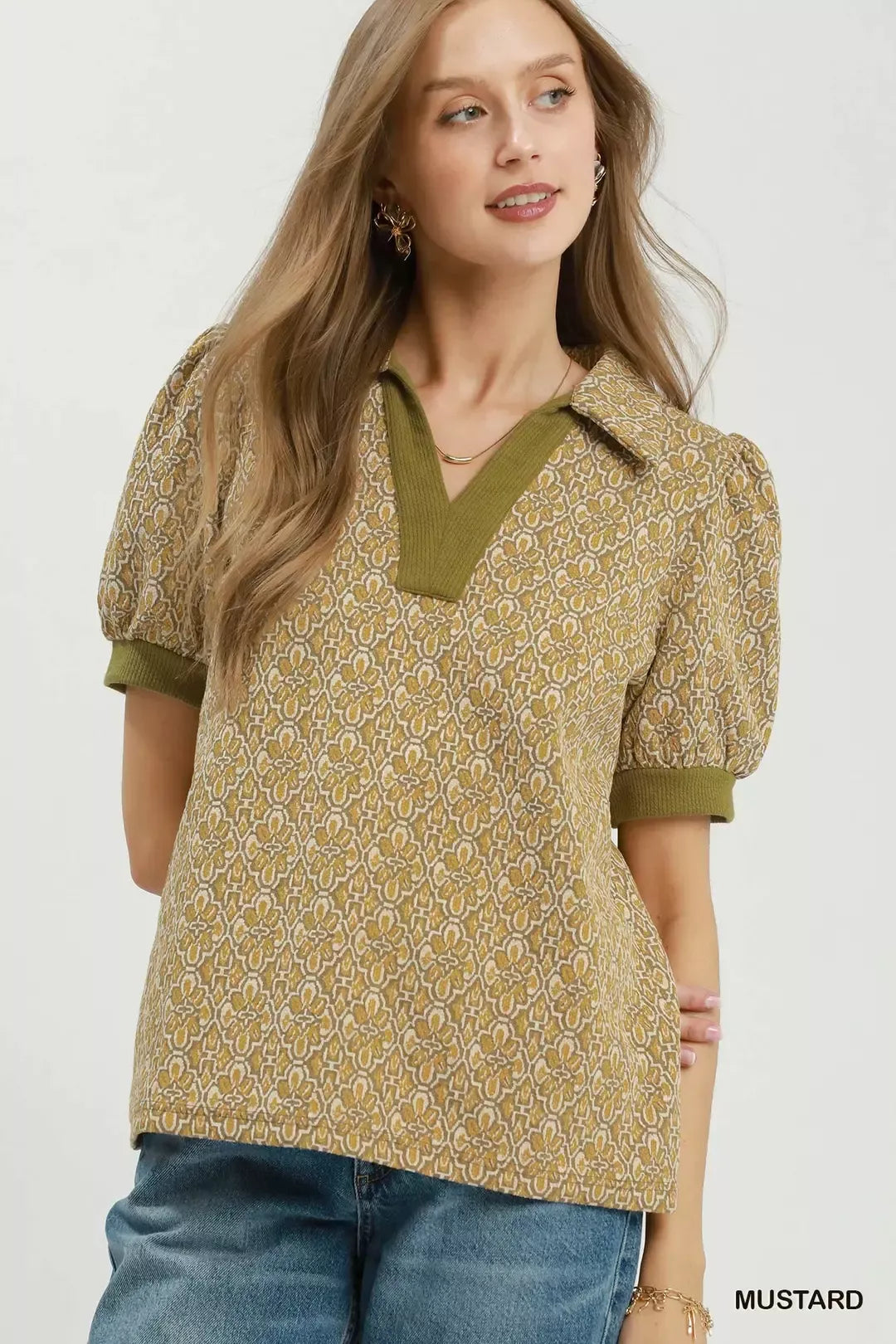 Umgee Printed Collared Puff Sleeve Top in Mustard
