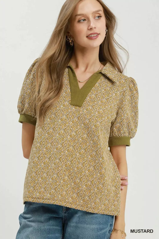 Umgee Printed Collared Puff Sleeve Top in Mustard