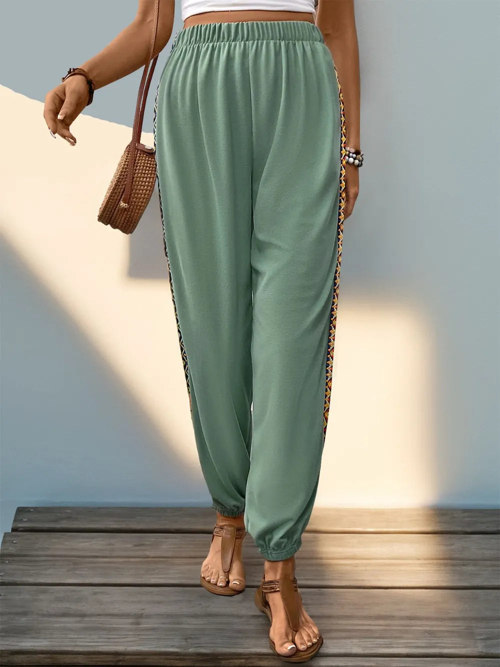 Patchwork Elastic-Waist Joggers in Gum Leaf