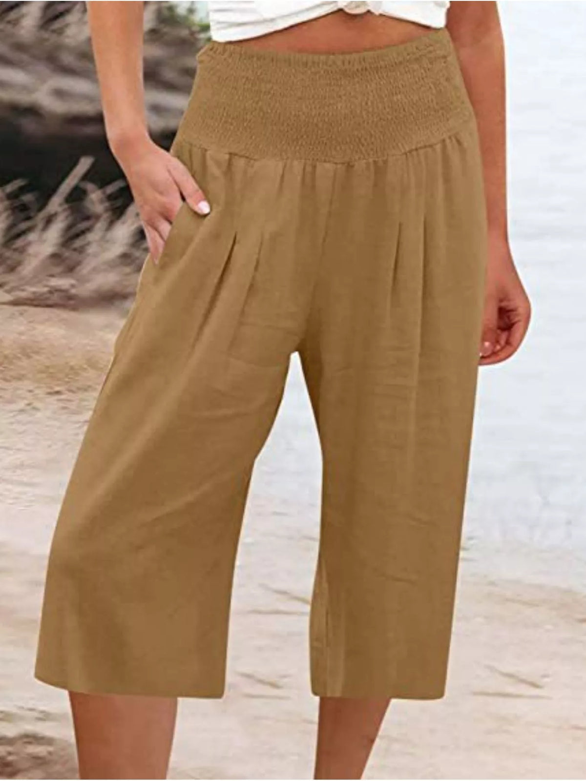 Smocked Wide-Leg Capri Pants