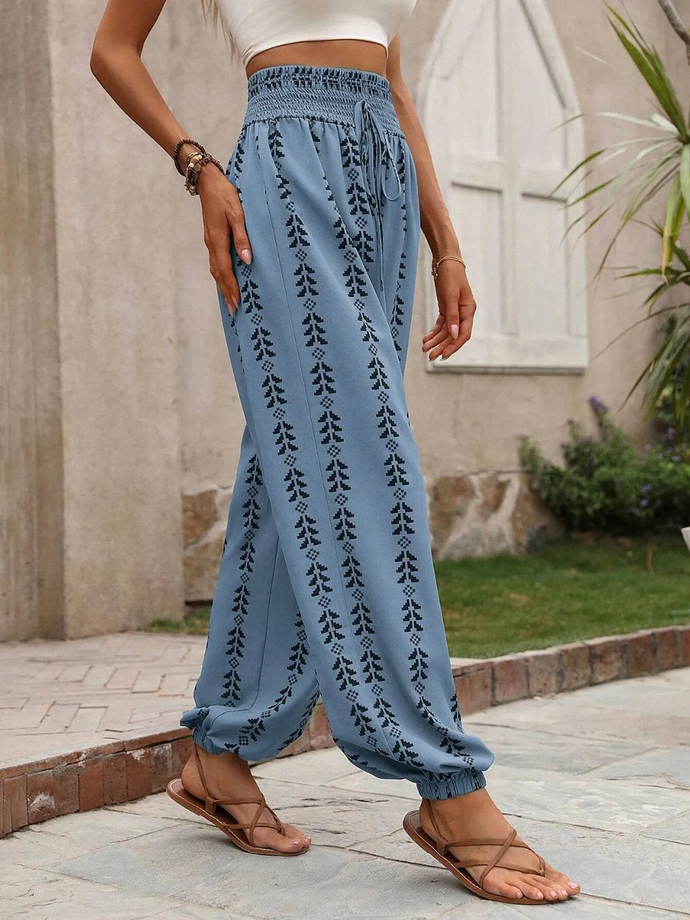 Tied Printed High-Waist Pants