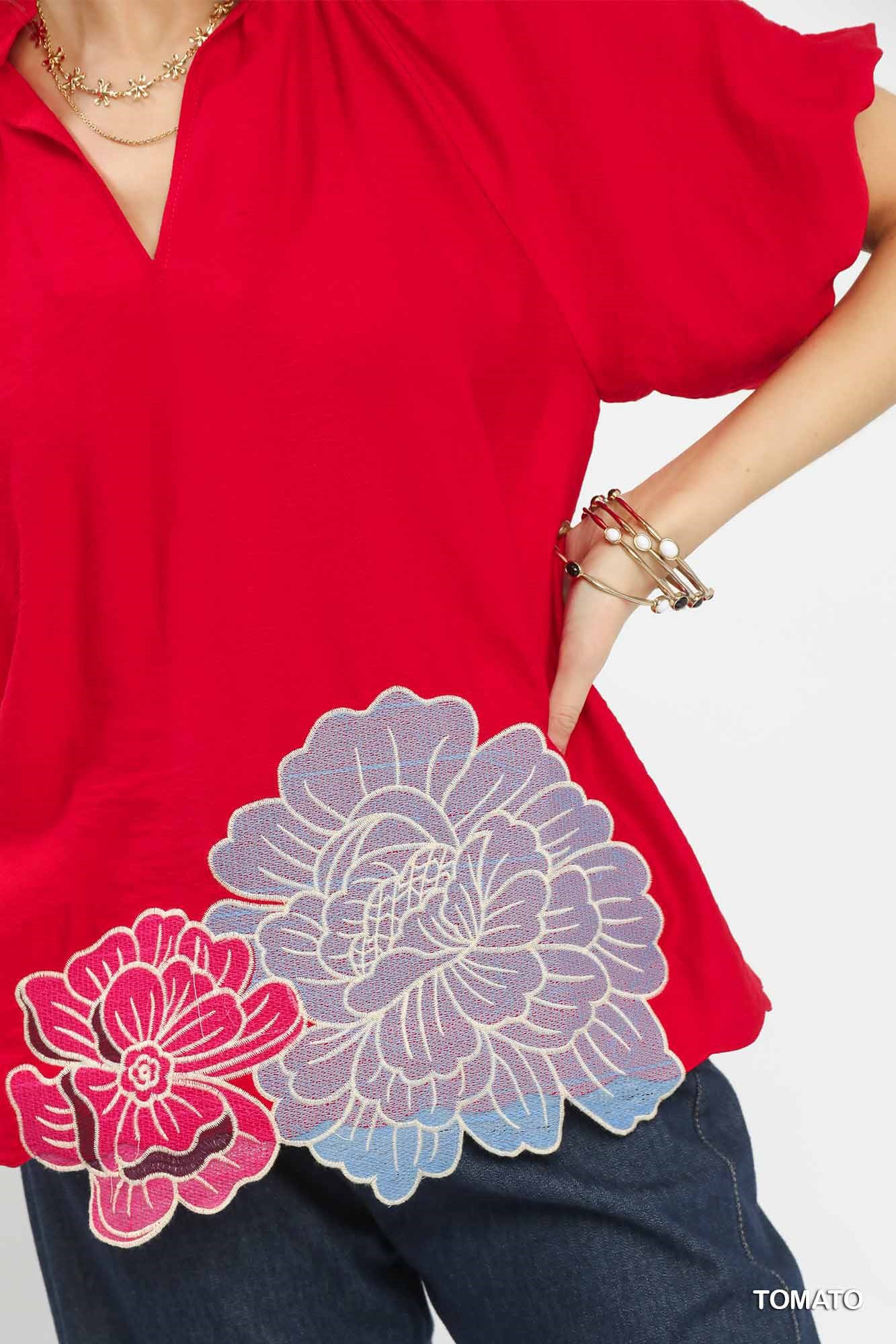 Umgee Floral Embroidered Hem Blouse in Tomato