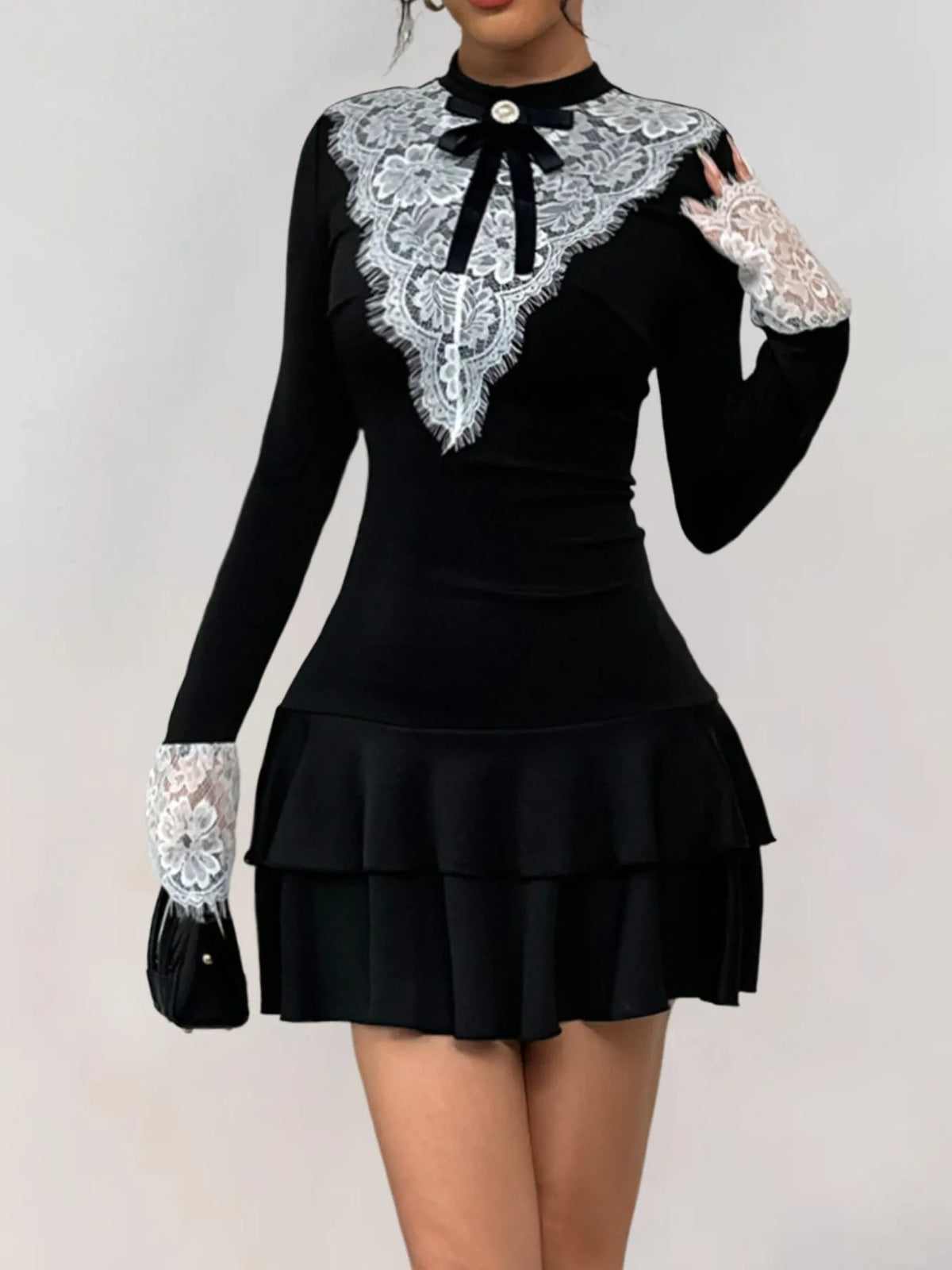 Lace Detail Long Sleeve Mini Dress in Black