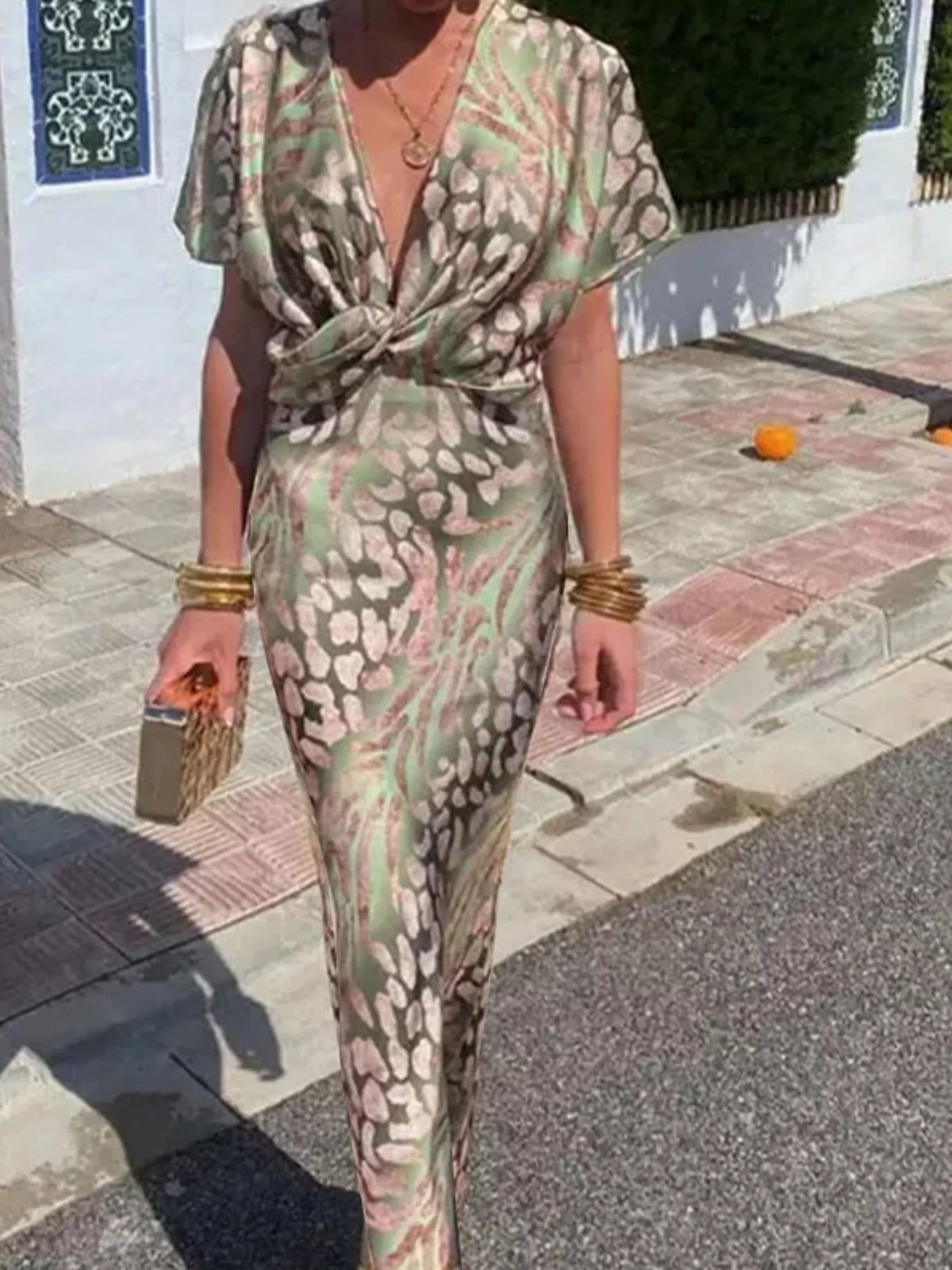 Twist-Front Animal Print Maxi Dress in Sage