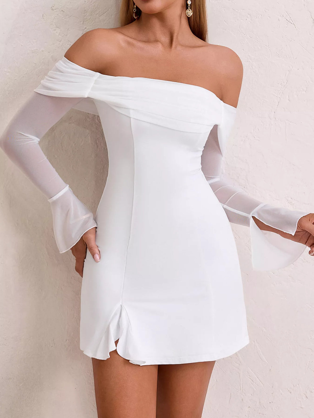 Off-Shoulder Long Sleeve Mesh Mini Dress