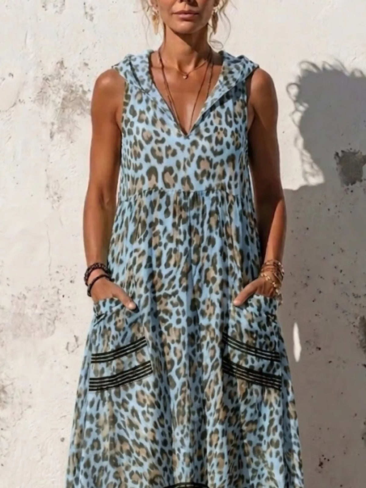 Hooded Leopard Print Maxi Dress, Plus Size