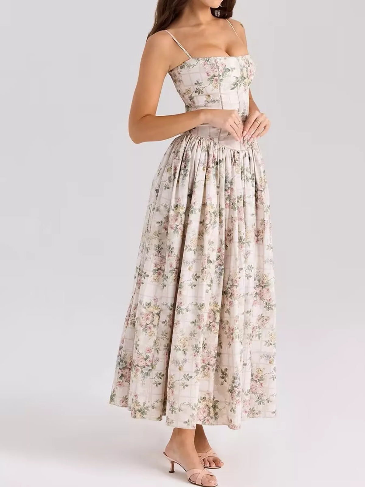Floral Spaghetti Strap Midi Dress in White