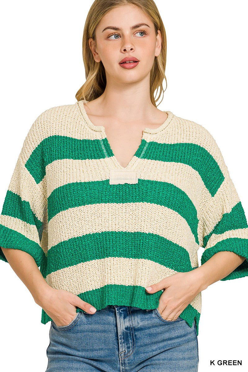 Zenana Split Neck Striped Sweater in K Green