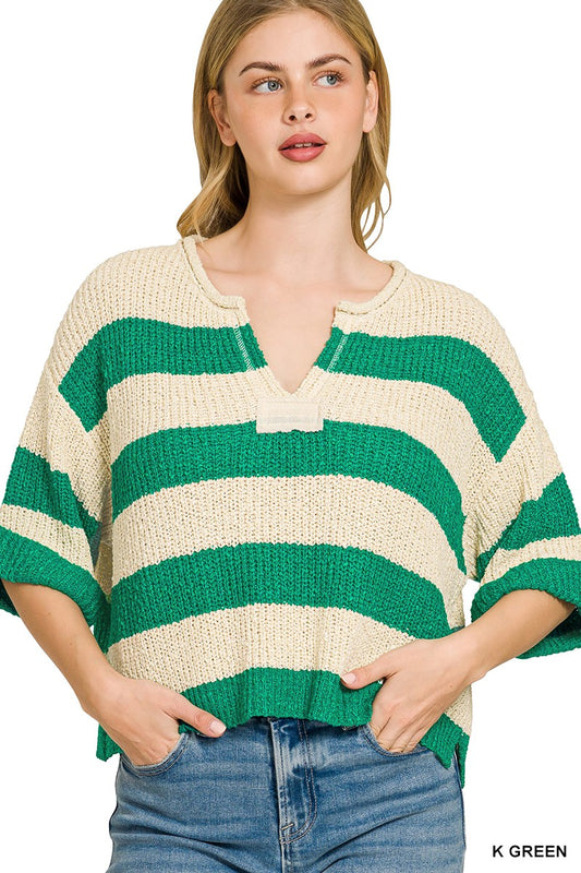Zenana Split Neck Striped Sweater in K Green
