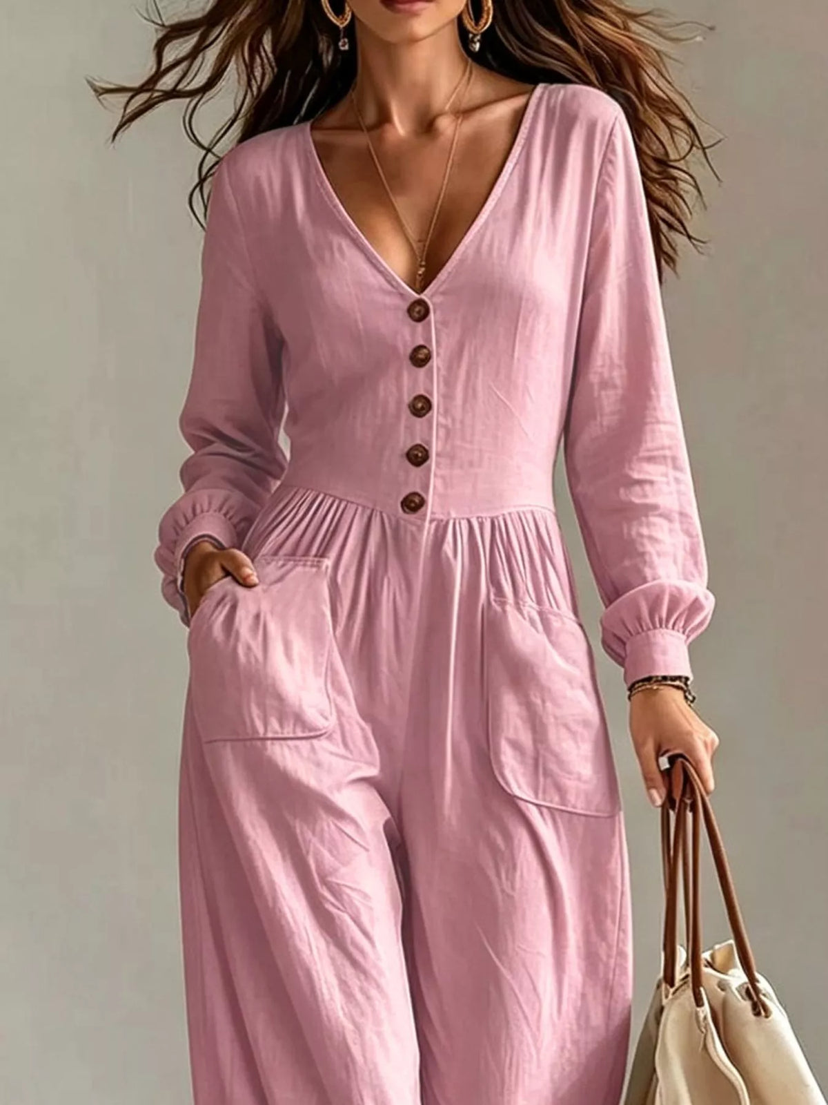V-Neck Long-Sleeve Button-Down Wide-Leg Jumpsuit