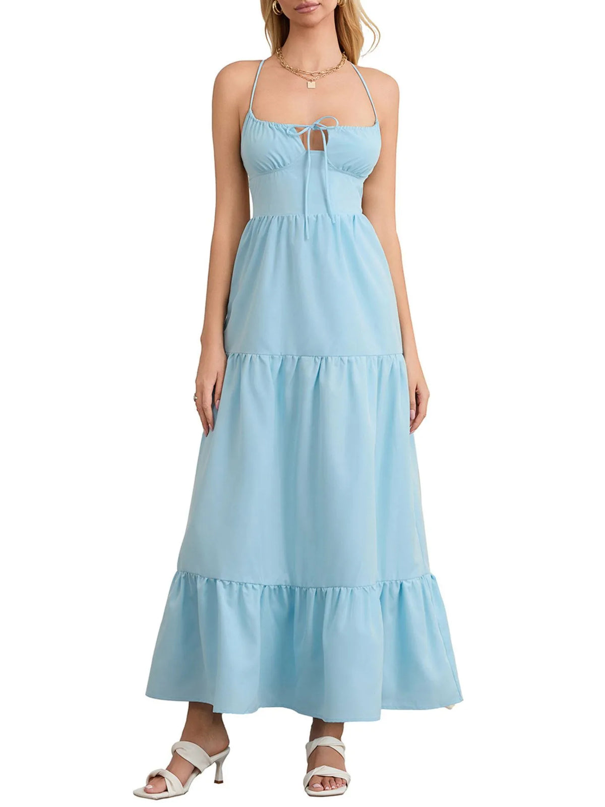 Tiered Lace-Up Spaghetti Strap Maxi Dress